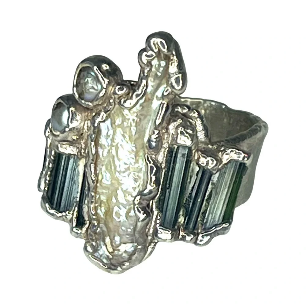 Vintage C + R Jewelry 999 Silver Green Tourmaline and Pearl Ring Size 8.5